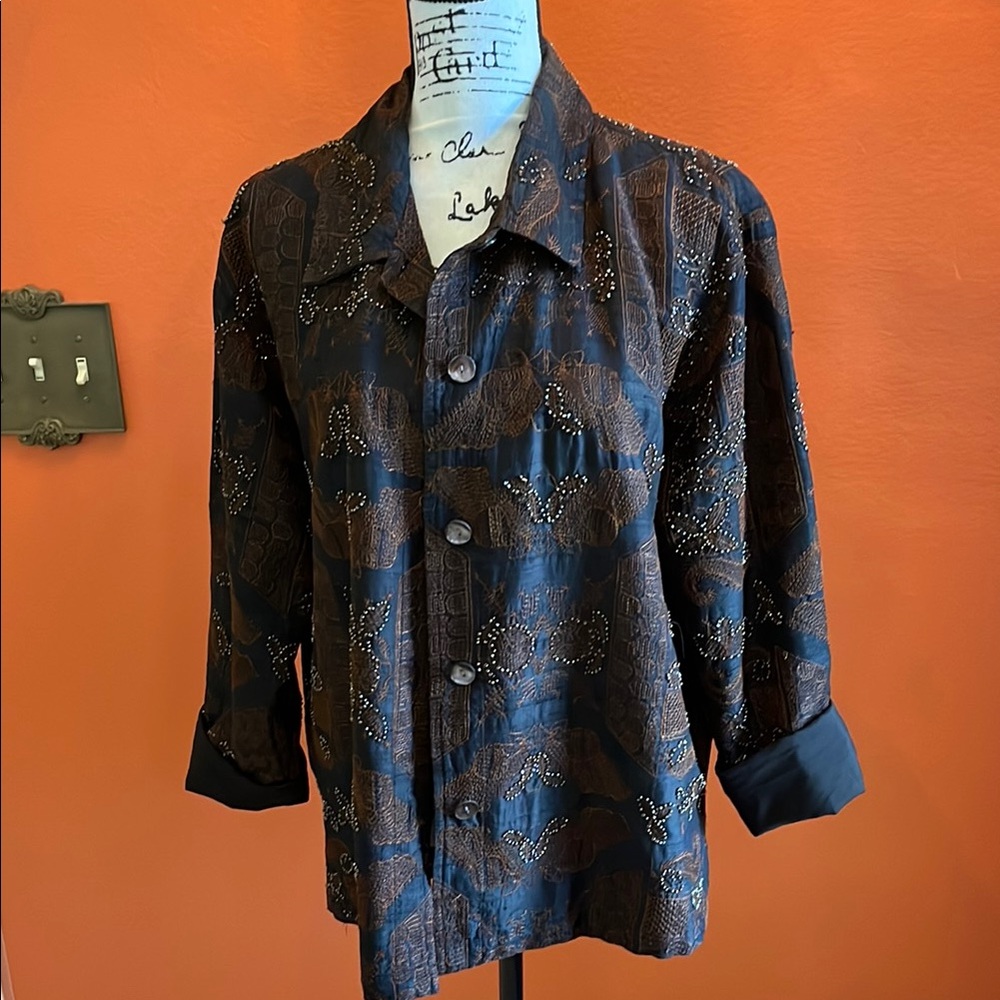 Vintage Chico's Brown and Black Beaded Button Down Shirt